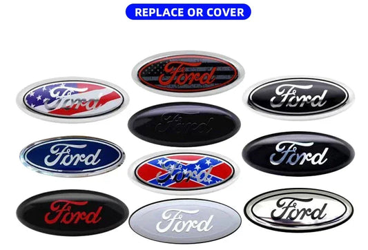 Collection of Ford emblems with dimensions and replacement options on a white background