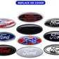 Collection of Ford emblems with dimensions and replacement options on a white background