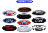 Collection of Ford emblems with dimensions and replacement options on a white background