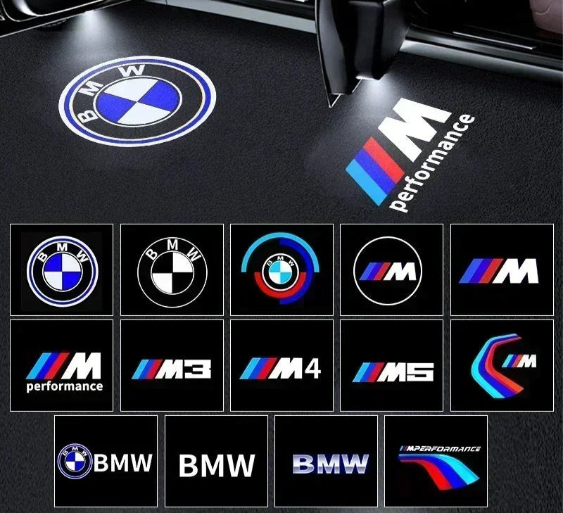 BMW logo projection on a car floor with various BMW logos displayed below.